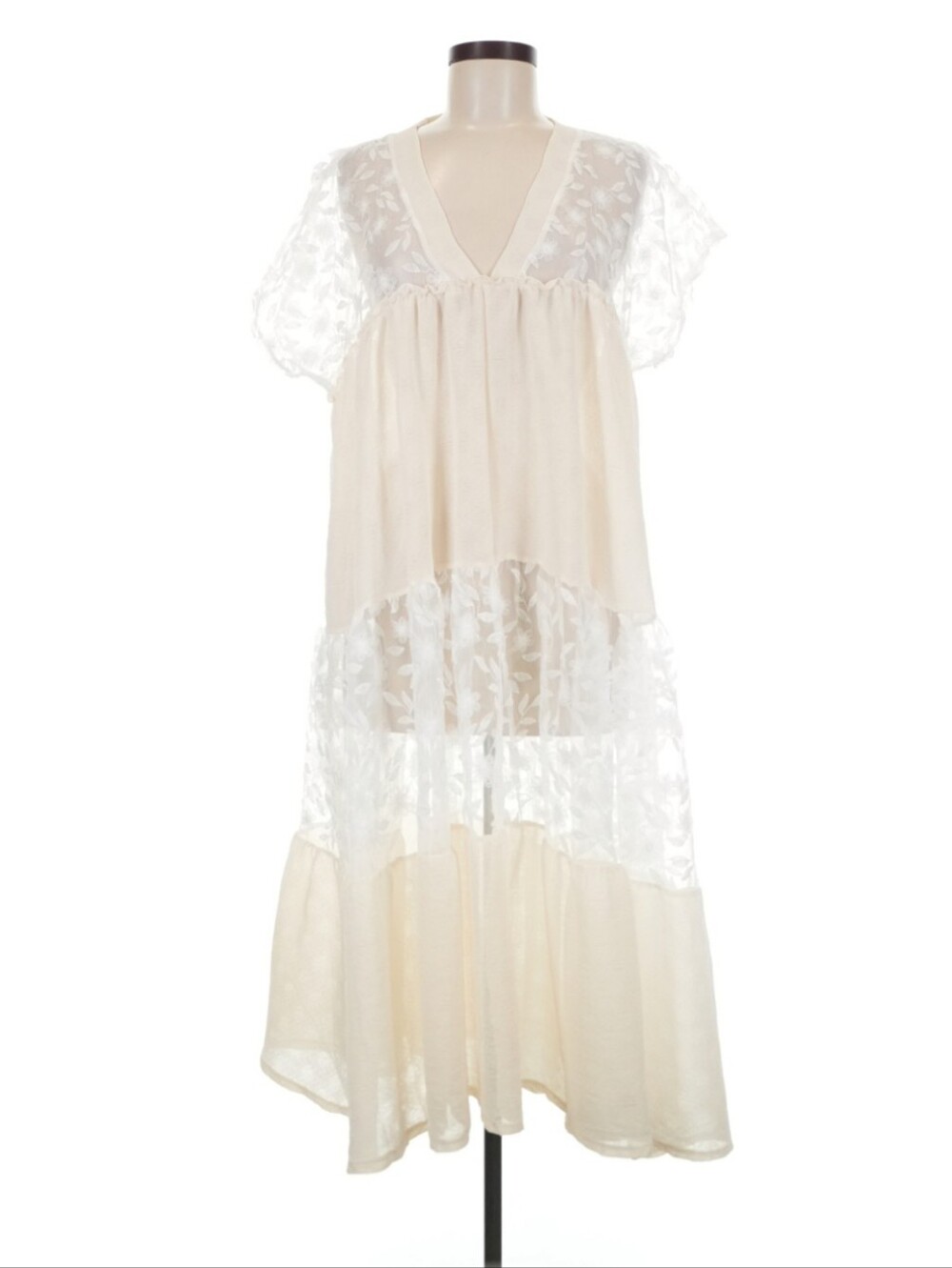POL Medium ♥️ Sheer Lace Panel V-Neck Dress in Ivory